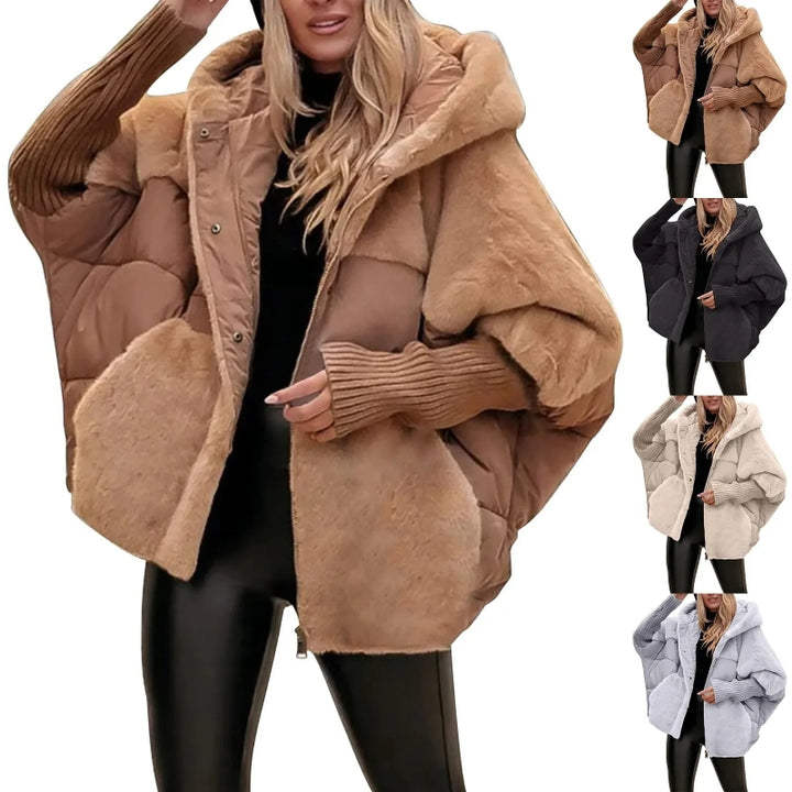 Loose padded hooded coat with faux fur patchwork detail
