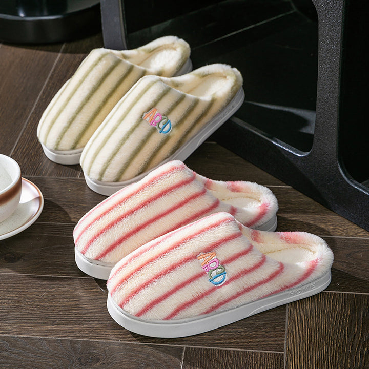 Plush Striped Embroidered Letter Slippers for Couples, Warm