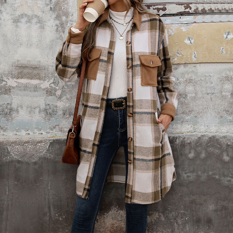 Brushed Check Long Coat with Pockets, Winter Jacket for Women