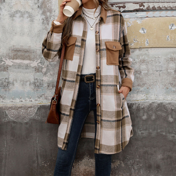 Brushed Check Long Coat with Pockets, Winter Jacket for Women