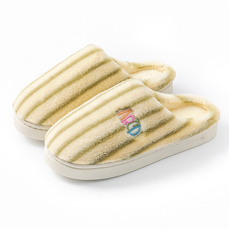 Plush Striped Embroidered Letter Slippers for Couples, Warm