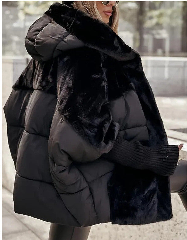Loose padded hooded coat with faux fur patchwork detail