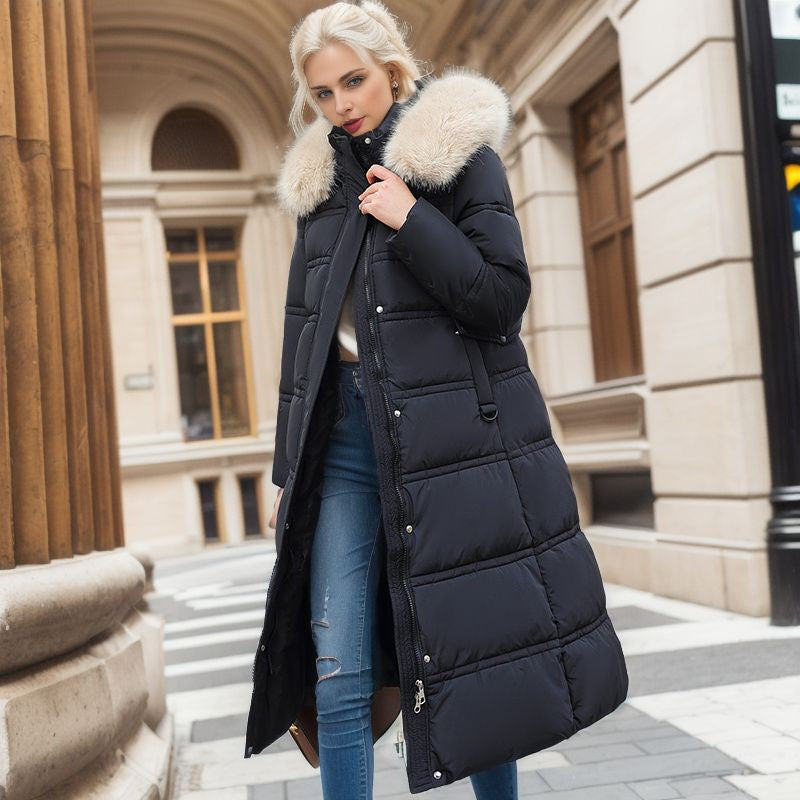 Long slim coat with faux fur hood and belt, thick and warm