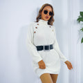 Polo Neck Long Jumper Dress with Button Detail, Warm Knit