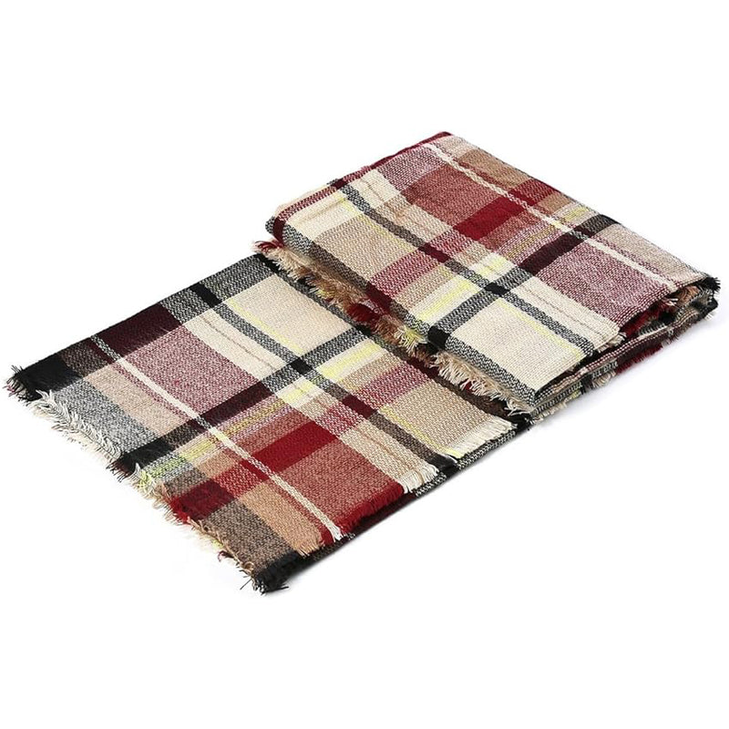 Red Tartan Blanket Scarf, Oversized Tassel Shawl Wrap