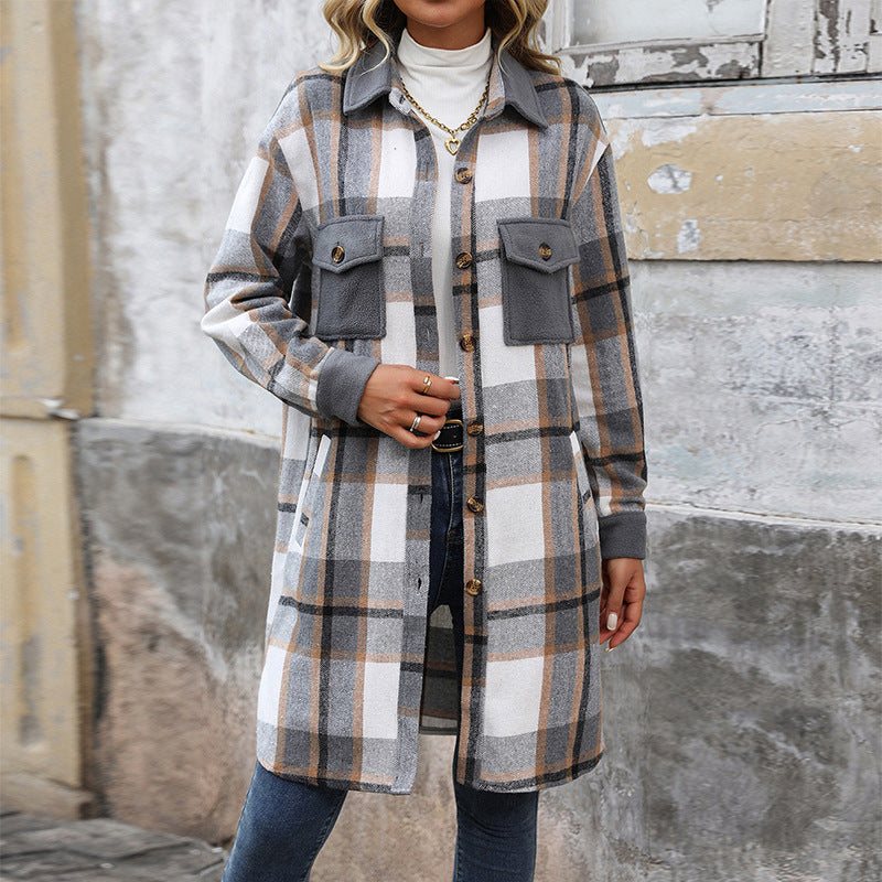 Brushed Check Long Coat with Pockets, Winter Jacket for Women