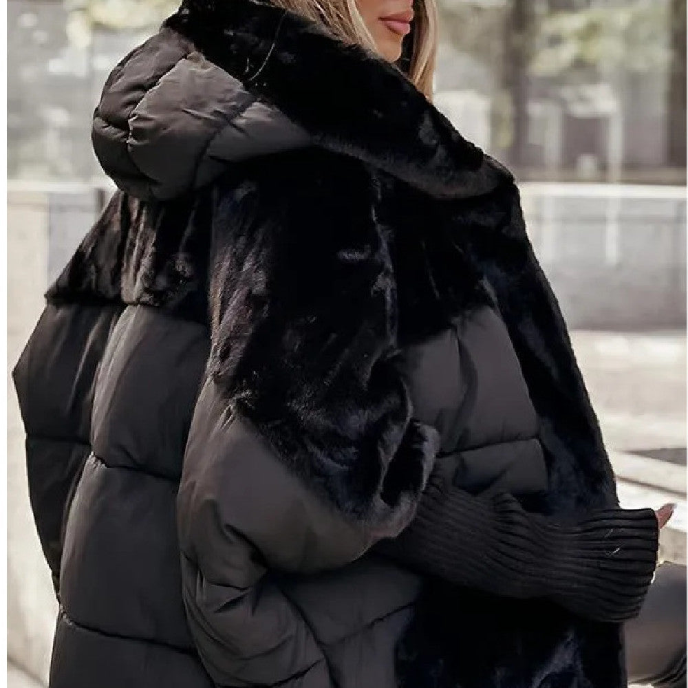 Loose padded hooded coat with faux fur patchwork detail