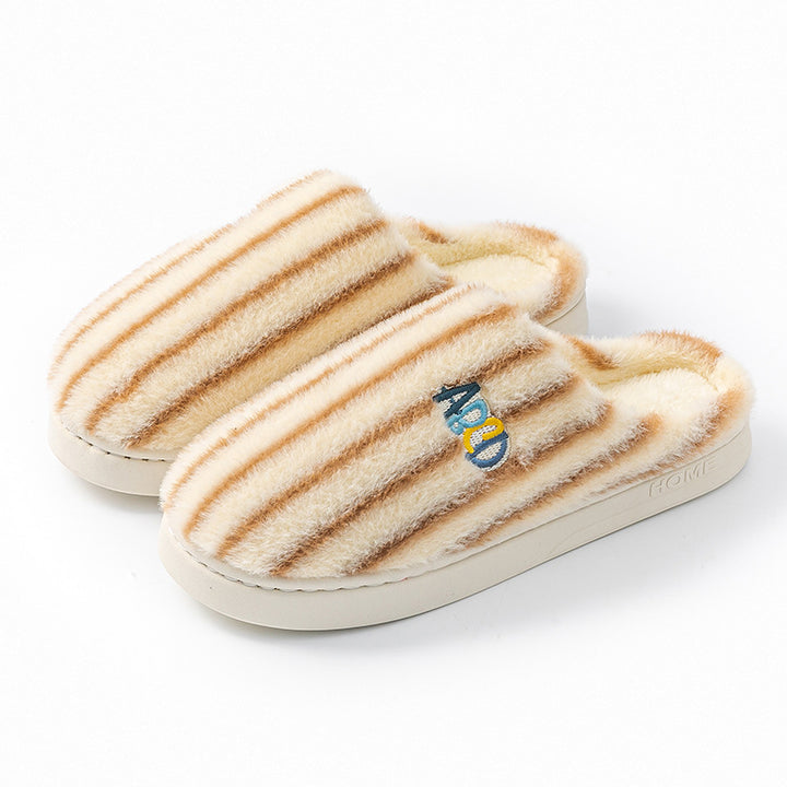 Plush Striped Embroidered Letter Slippers for Couples, Warm
