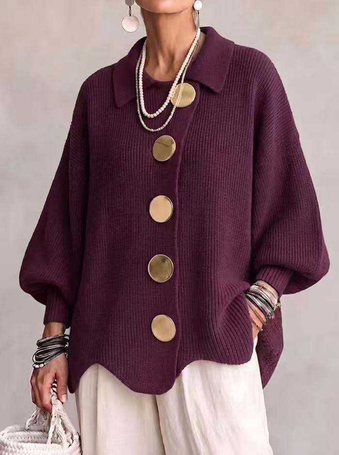 Button-Up Knit Cardigan with Lapel, Loose Fit Long Sleeve