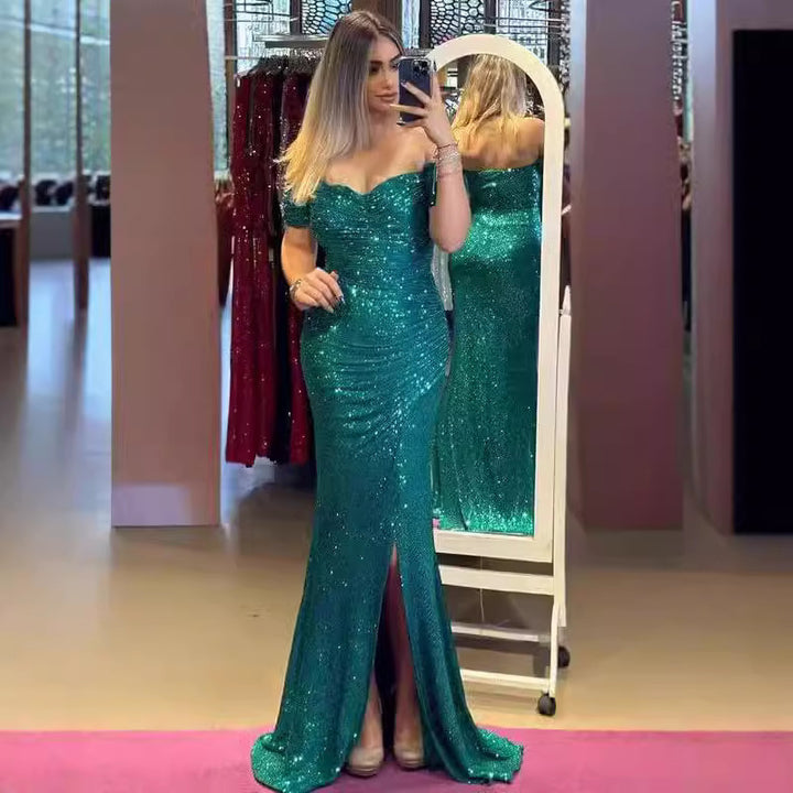 Woman in off-shoulder sequin evening gown