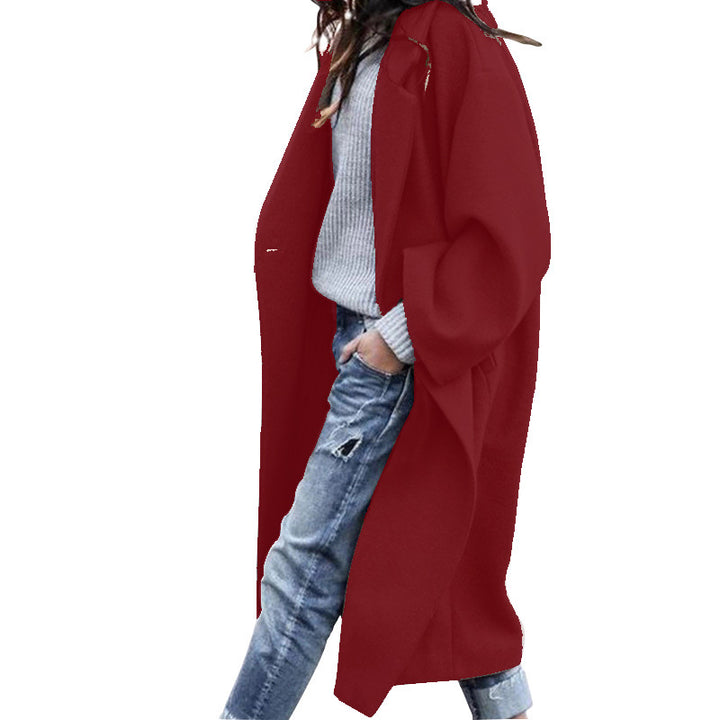 Long Woolen Coat with Pockets, Single-Breasted Lapel Jacket