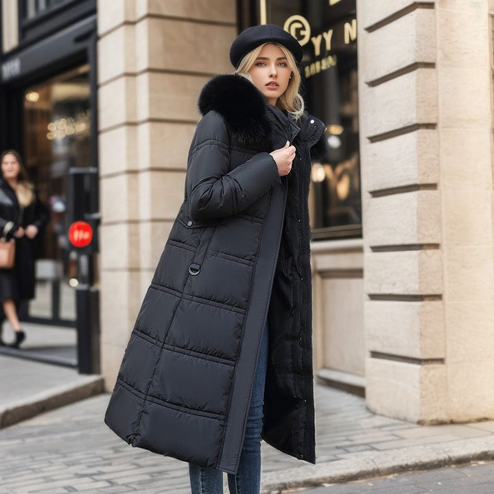 Long slim coat with faux fur hood and belt, thick and warm
