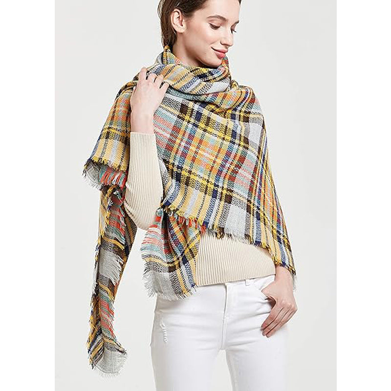 Yellow and Blue Tartan Blanket Scarf, Oversized Tassel Wrap