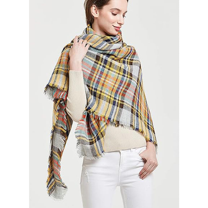 Yellow and Blue Tartan Blanket Scarf, Oversized Tassel Wrap