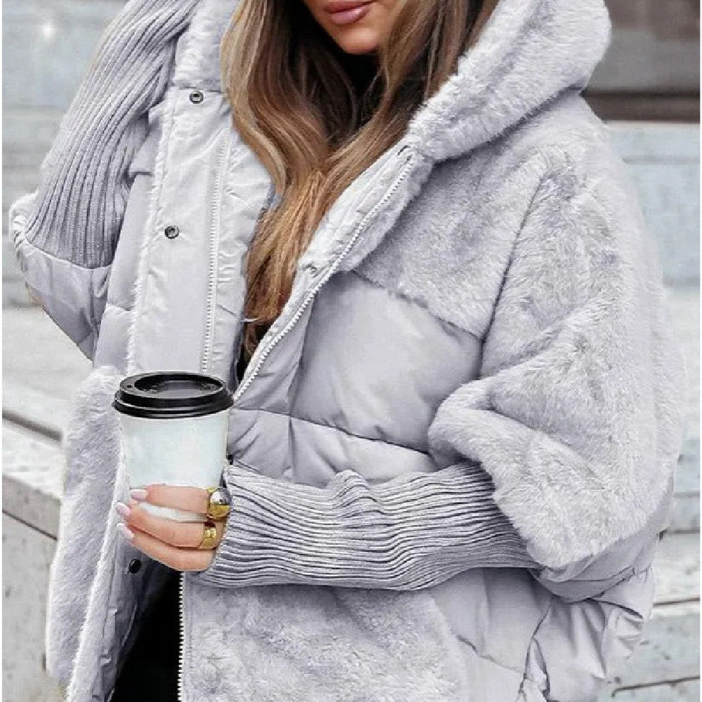 Loose padded hooded coat with faux fur patchwork detail