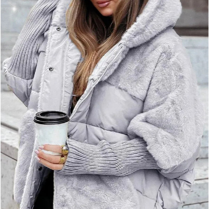 Loose padded hooded coat with faux fur patchwork detail
